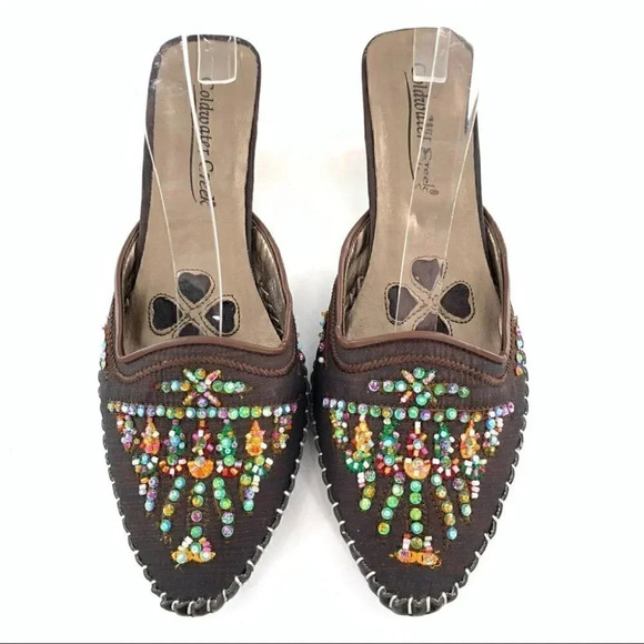 Vintage Shoes - Coldwater Creek size 7.5 mules chocolate brown Thai satin beaded Bollywood